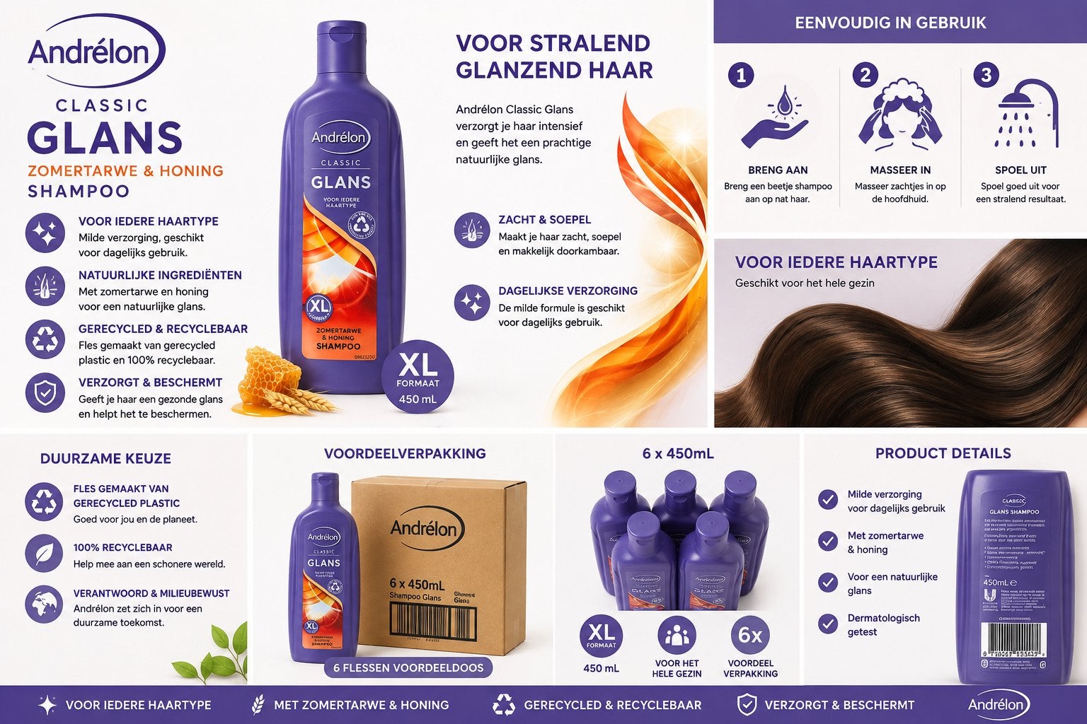 Andrélon Classic Glans Shampoo Zomertarwe & Honing 450ml, Ophalen of Verzenden, Nieuw, Shampoo of Conditioner