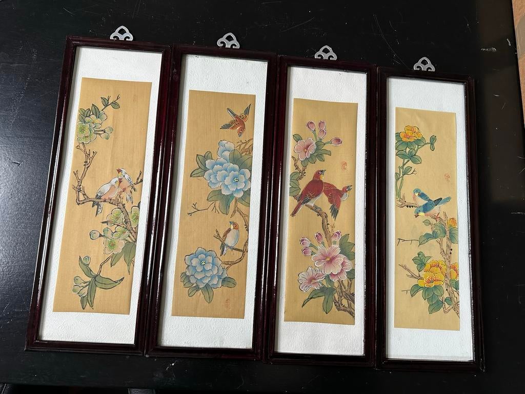 Japans 4 Luik schilderij met vogels en bloemen op zijde, Ophalen of Verzenden