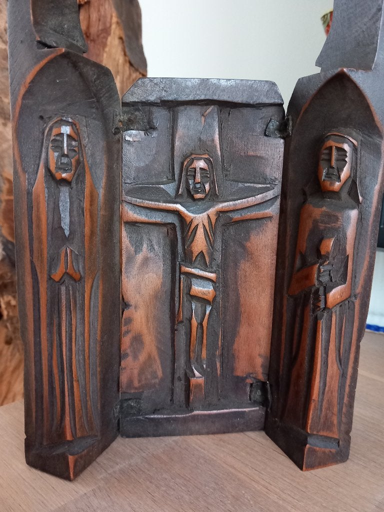 Houtsnijwerk drieluik van een huis of reisaltaar, Antiek en Kunst, Ophalen of Verzenden
