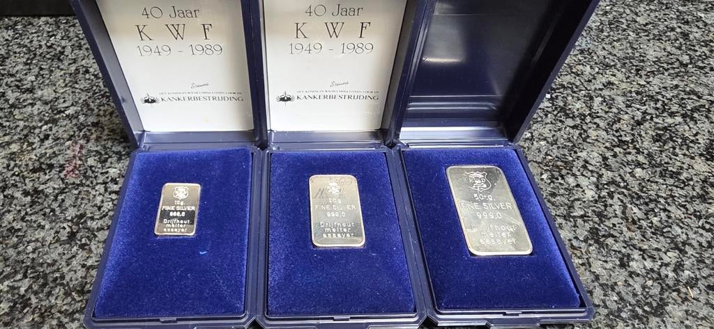3 Drijfhout Zilver Baartjes 10, 20, 50 gram KWF, Ophalen of Verzenden
