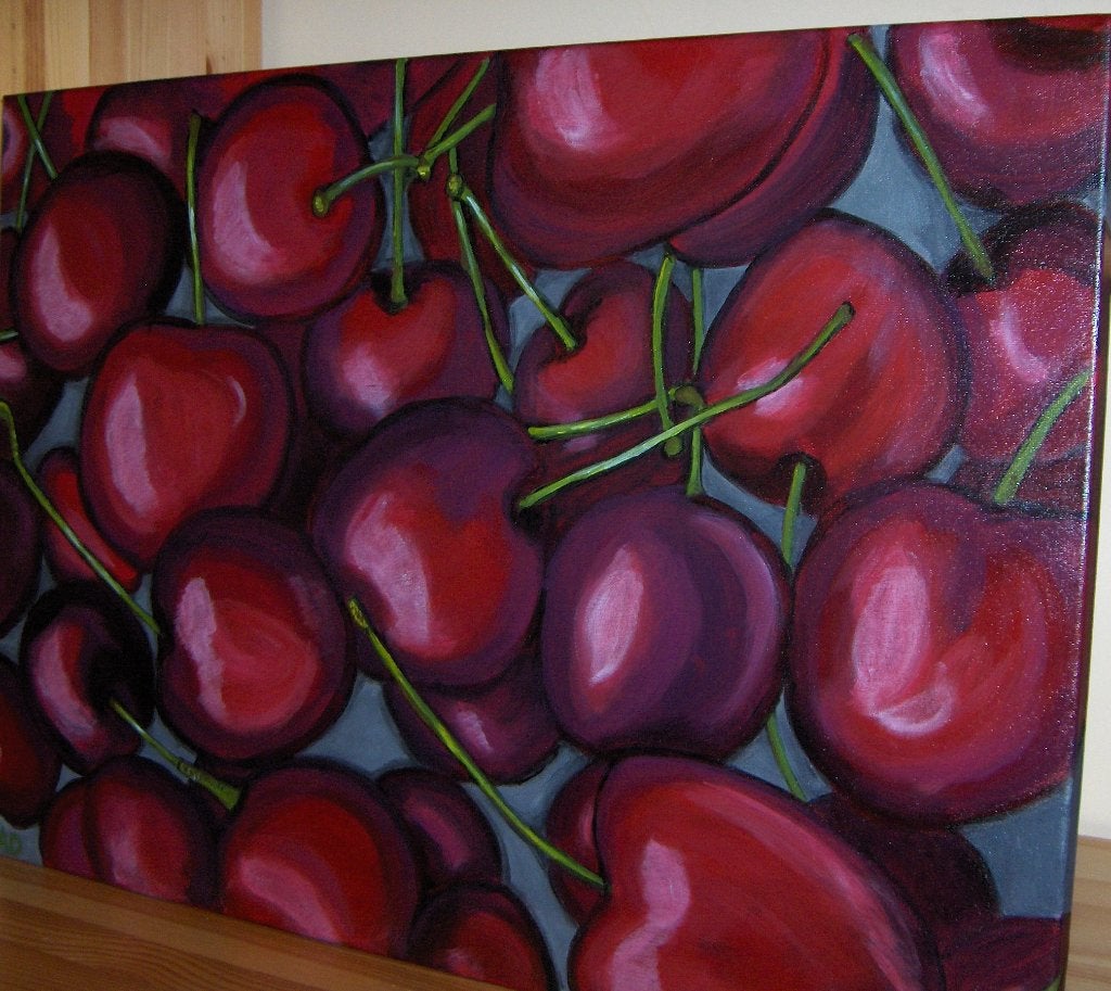 Kersen, Acrylverf, Stilleven, Handgeschilderd, Ophalen of Verzenden
