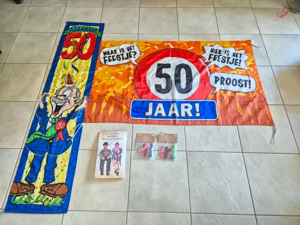 50 jaar vlag, deur vlag, opvulpoppen en ballonnen, Ophalen of Verzenden