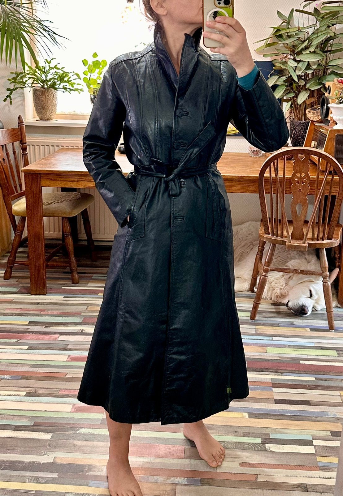 True Vintage Black Leather Maxi Trench Coat Belted Size XS/S, Ophalen of Verzenden, Zo goed als nieuw, Maat 36 (S), Zwart