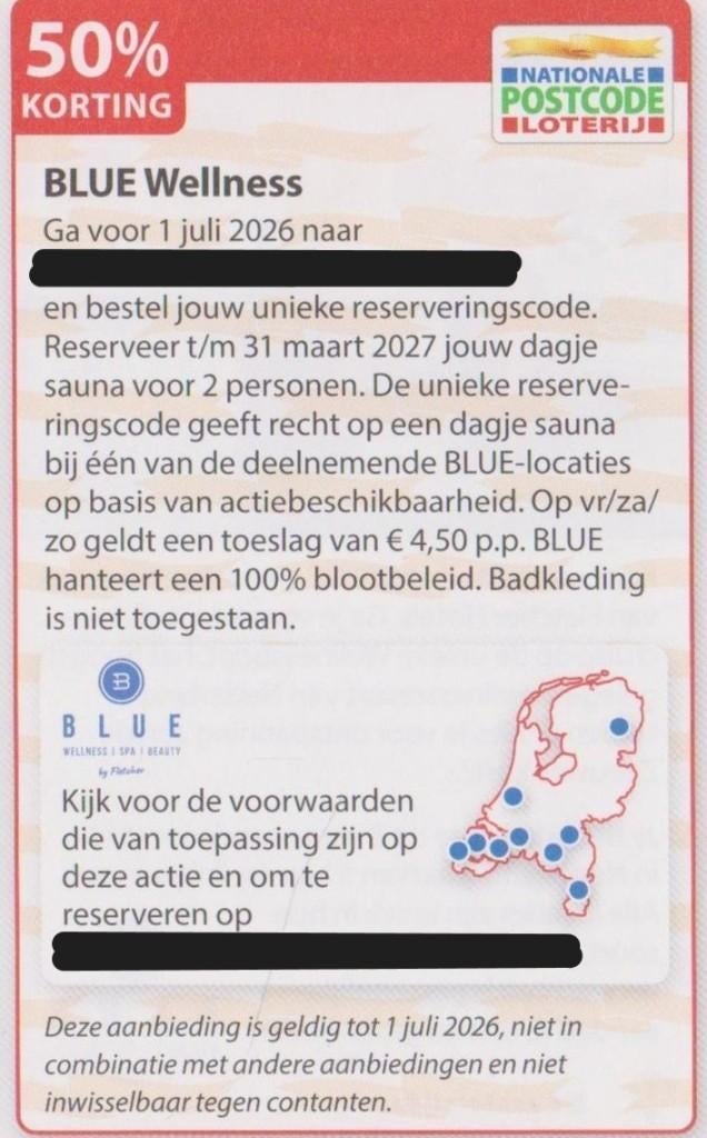Dagje BLUE Wellness. 50% korting Postcodeloterij kortingsbon, Tickets en Kaartjes, Kortingen en Cadeaubonnen, Drie personen of meer