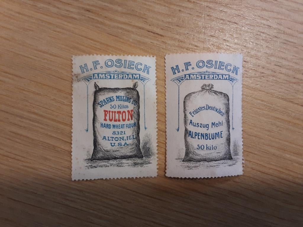 Sluitzegels H.F. Osieck Amsterdam  meel Engels en Duits, Ophalen of Verzenden, Zo goed als nieuw