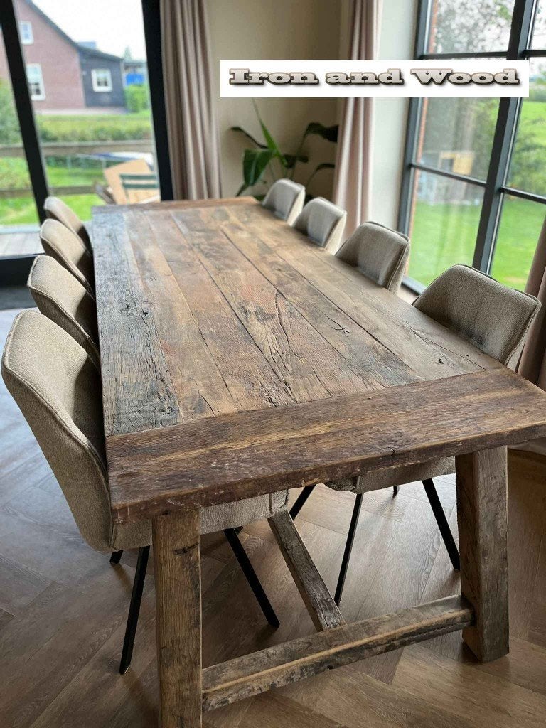 Oud eiken geborstelde stoere barnwood maatwerk kloostertafel, Ophalen