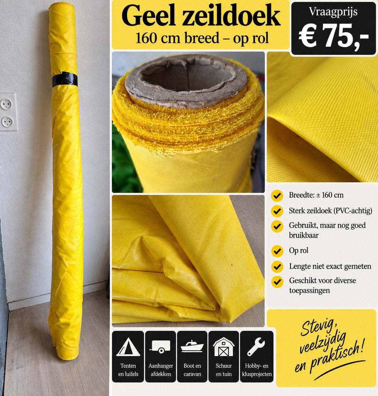 Geel zeildoek op rol - 160 cm breed, Ophalen, Gebruikt, 15 m² of meer, Zeil