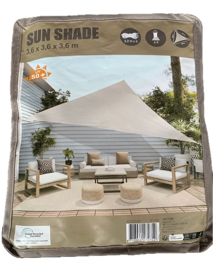 Schaduwdoek 3,6x 3,6m met uv 50+ bescherming, Ophalen of Verzenden, Nieuw