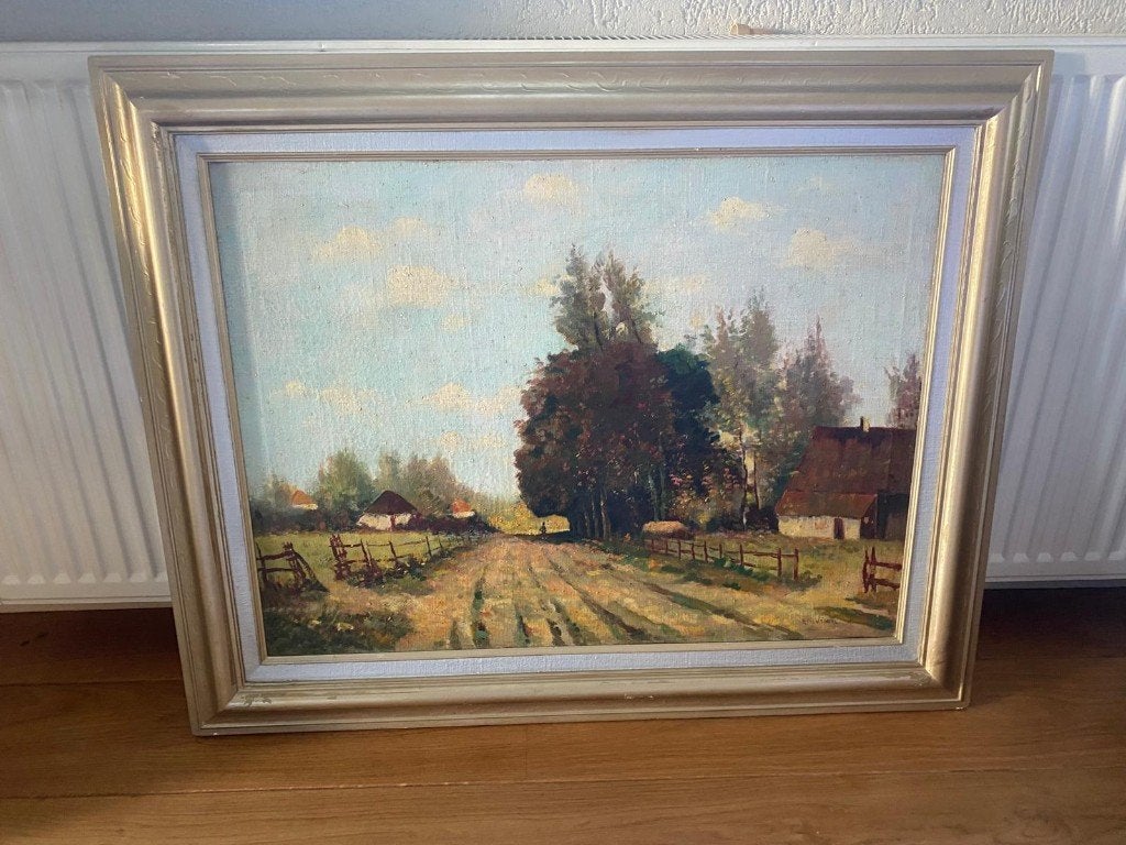 Schilderij landschap 100 x 80 cm oud, Ophalen, Klassiek, Gesigneerd, Landschap