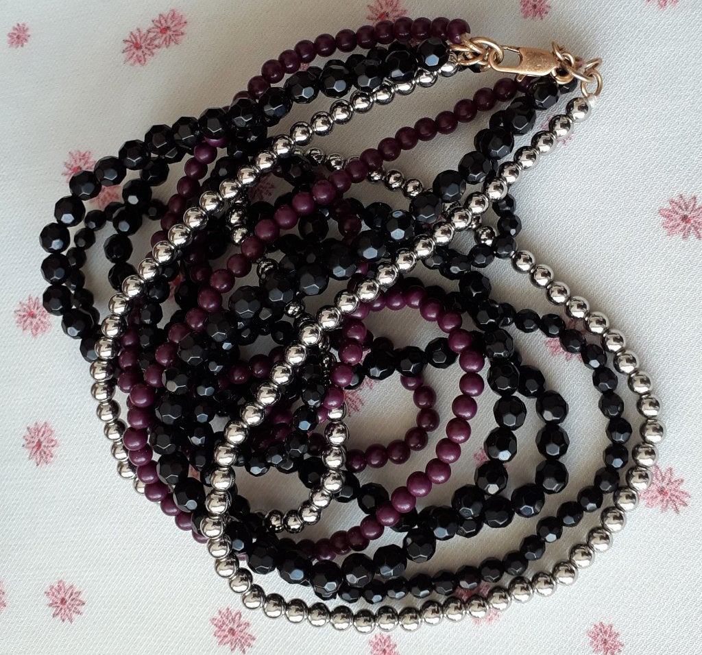 Parelketting in laagjes zwart paars zilver Zara, Sieraden, Tassen en Uiterlijk, Kettingen, Overige materialen, Verstelbaar, Paars