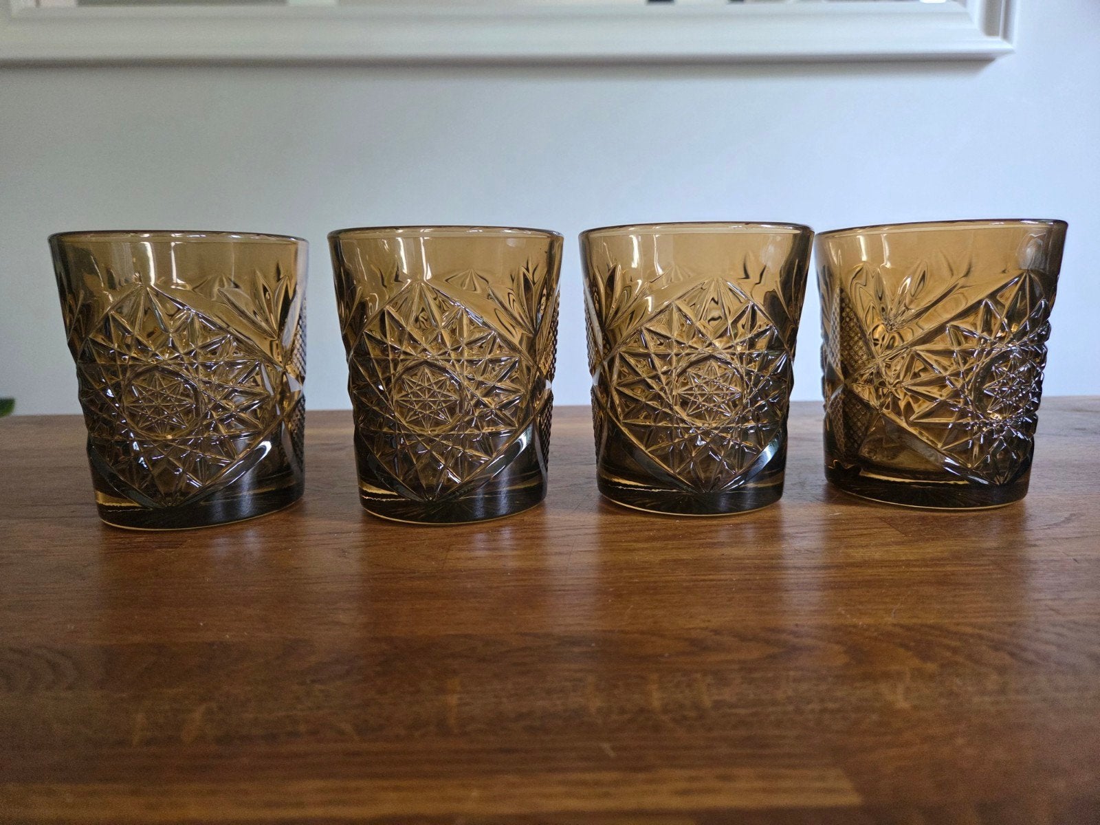 Set van 4 Libbey Hobstar Ocher DOF glazen 35,5 cl, Ophalen of Verzenden, Zo goed als nieuw, Glas, Geel
