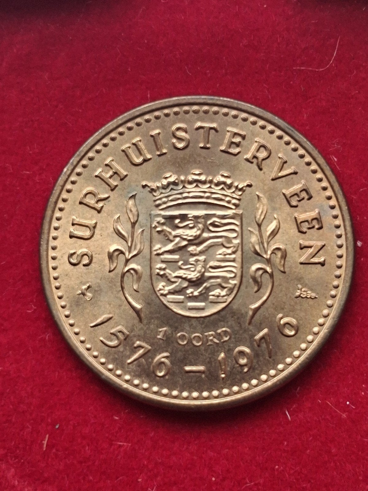 Historische 1 Oord munt Surhuisterveen 1576-1976, Ophalen of Verzenden, Koningin Juliana, Overige waardes, Losse munt