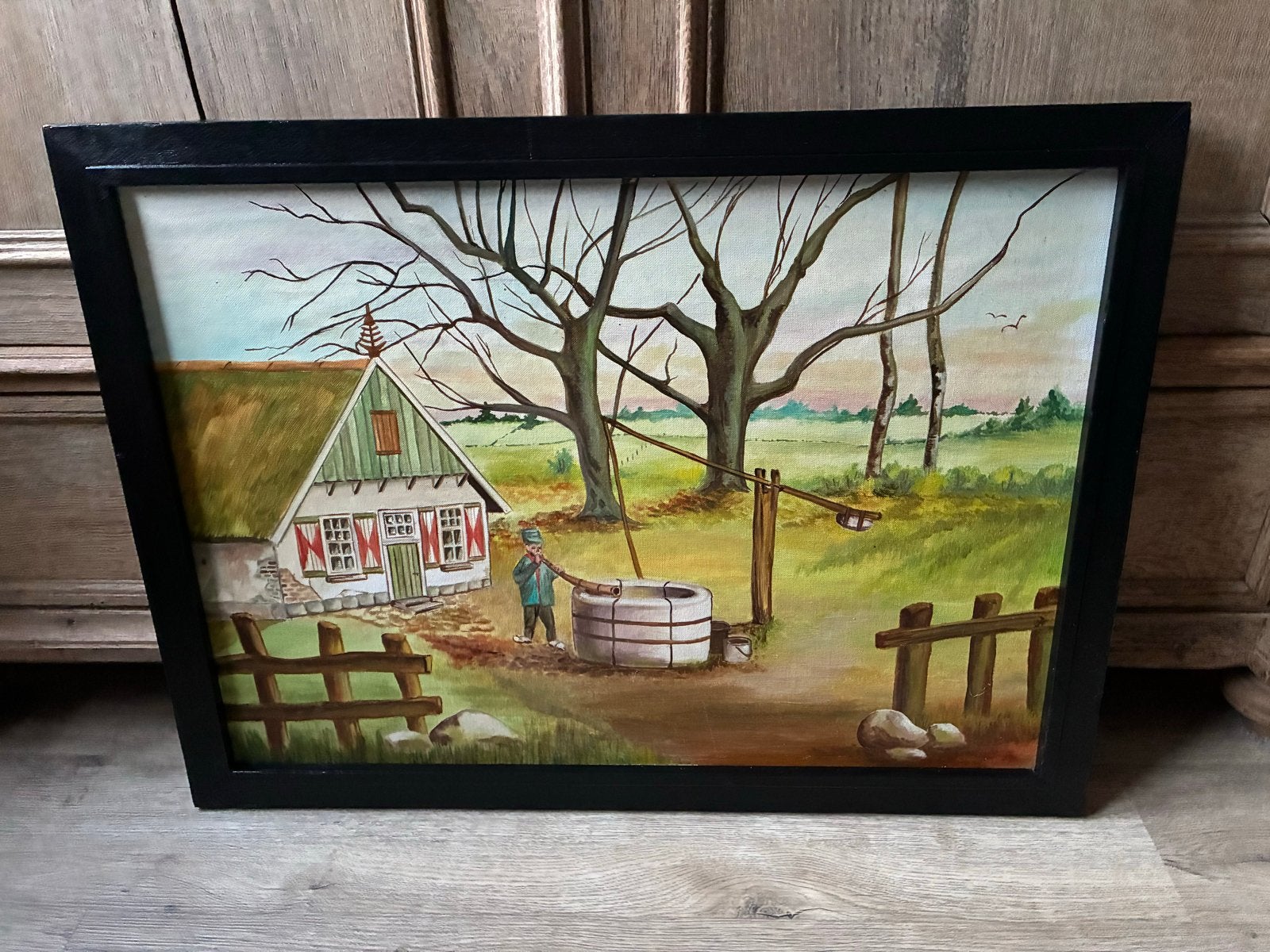 Oud Hollands Landschap Schilderij met Boerderij en Put, Antiek en Kunst, Ophalen, Doek, Oud hollands, Gesigneerd