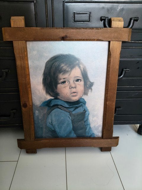 Vintage schilderij huilend jongetje Bragolin, 50 – 75, Minder dan 50 cm, Gebruikt, Overige typen