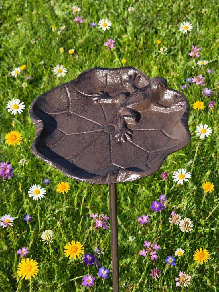 Tuinprikker /voederschaal met kikker /gietijzer/ drinkschaal, Huis en tuin decoratie Marie, Nieuw, Info@huisentuindecoratiemarie.nl