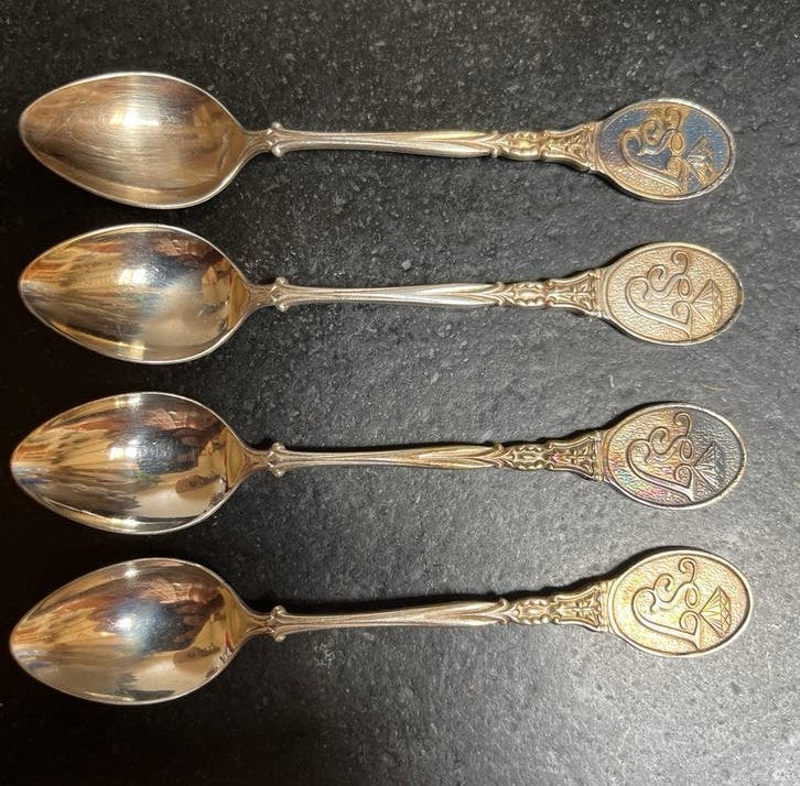 Set van 4 zilveren lepels met emaille details, Ophalen of Verzenden, Zilver