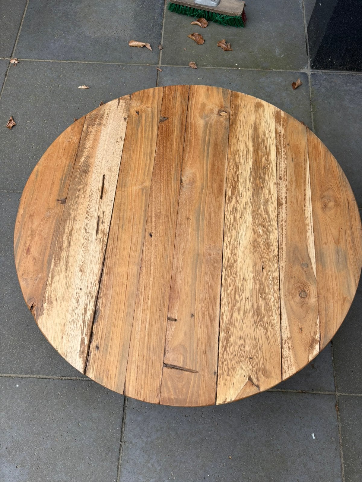 Mooie industriële landelijk teak hout metaal salontafel, Ophalen, 50 tot 100 cm, Teakhout, Rond