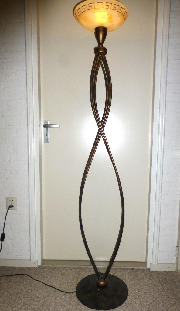 MOOI GEMELEERDE BRONZEN STAANDE SCHEMERLAMP, Ophalen, RETRO, Zo goed als nieuw, Glas