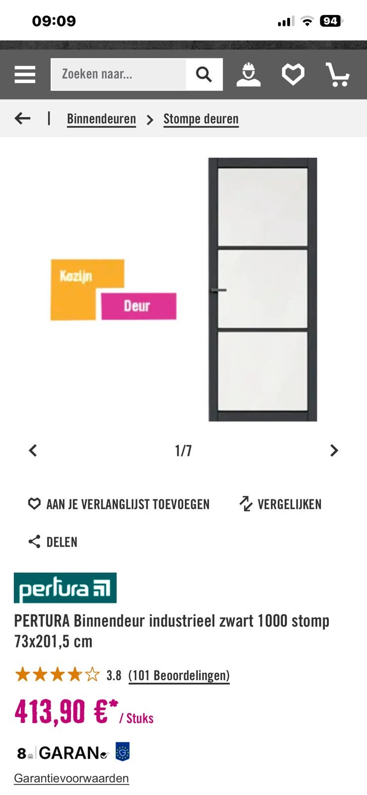 Nieuwe deur zwart met glas 300 euro’s, Ophalen, Binnendeur, 200 tot 215 cm, Glas