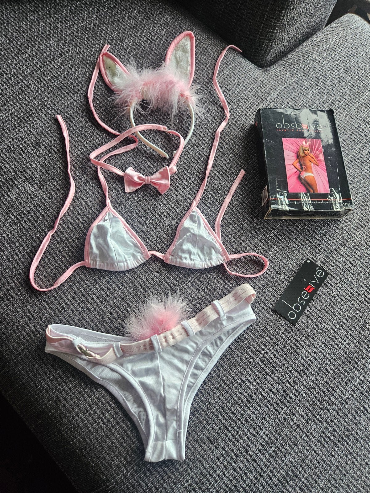 Obsessive Bunny Kostuum Wit/Roze - One Size (S/M), Carnaval, Ophalen of Verzenden, Zo goed als nieuw, Kleding