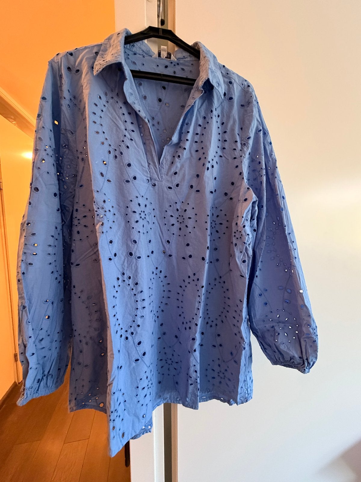 Blauwe broderie blouse - Maat 46/48, Ophalen of Verzenden, Zo goed als nieuw, Maat 46/48 (XL) of groter, Blauw