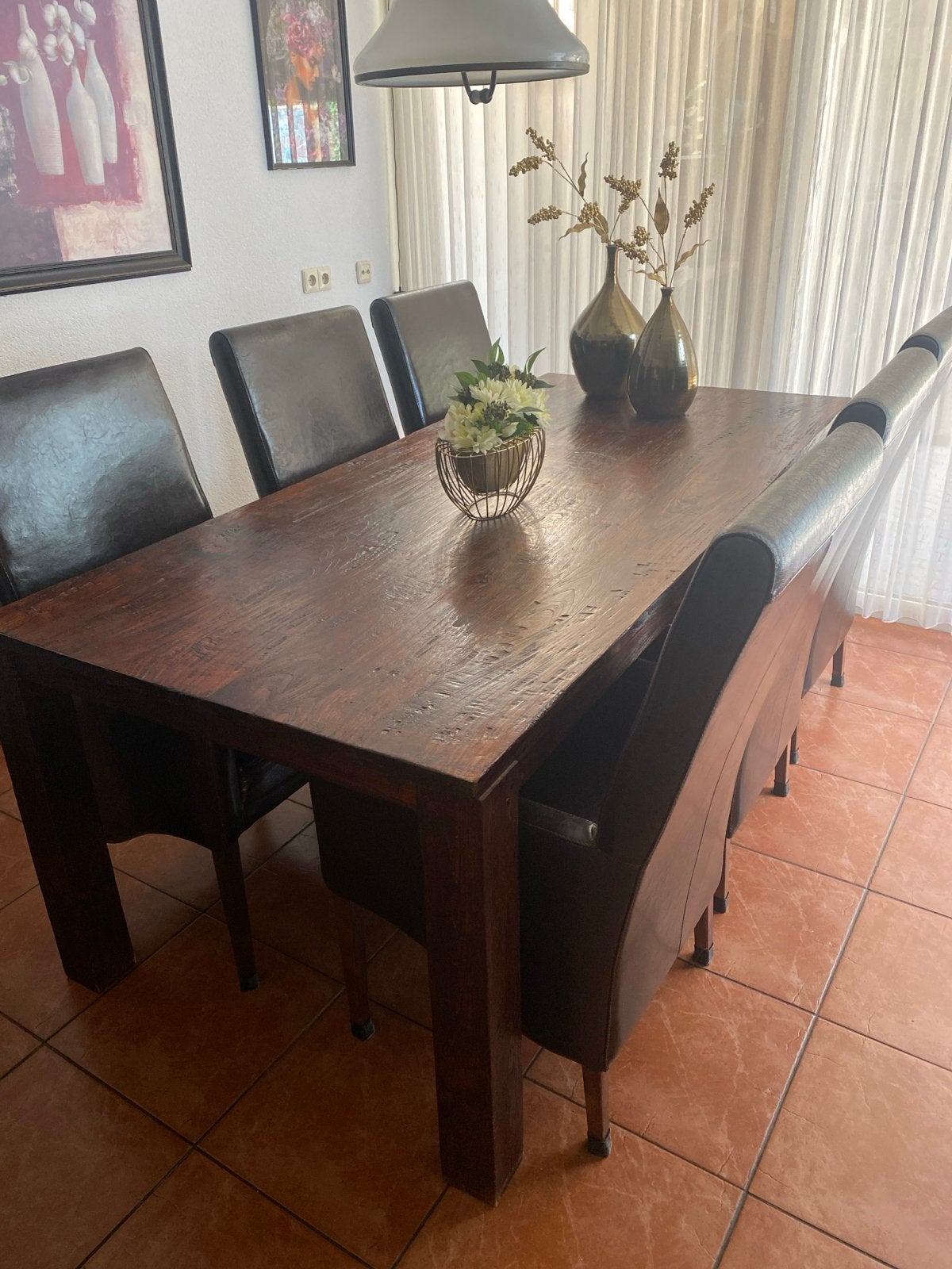 Koloniale eettafel met 6 stoelen - 220x100 cm, Huis en Inrichting, Ophalen, Gebruikt, 100 tot 150 cm, 200 cm of meer
