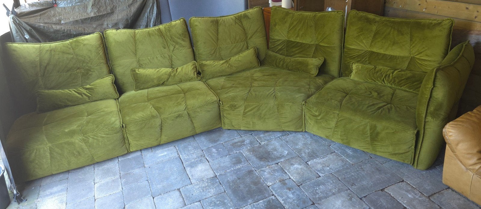 Vintage modulaire bank in olijfgroen velours, Ophalen, Gebruikt, 100 tot 125 cm, 300 cm of meer