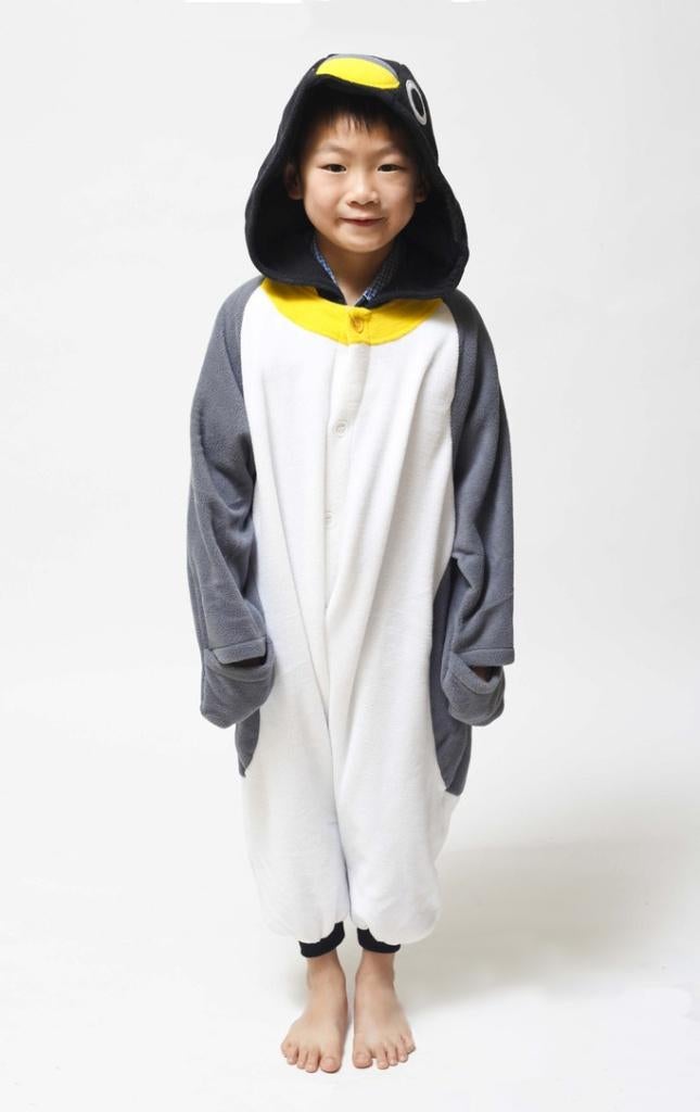 Grijze pinguin onesie 128-134 Pak Kostuum Grijs Wit Geel, Ophalen of Verzenden, Zo goed als nieuw, 134 t/m 140, Jongen of Meisje