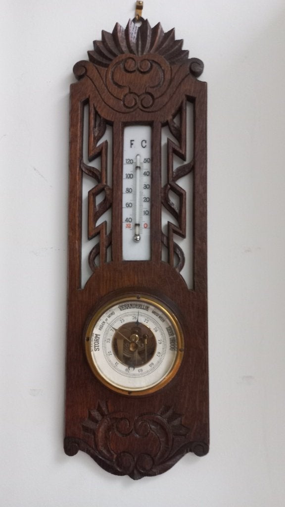 Antiek houtsnijwerk weerstation barometer en thermometer, Ophalen of Verzenden