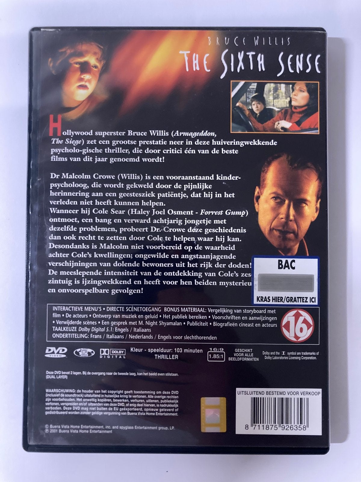 The Sixth Sense, 1999 / DVD / Versie 2 / M. Night Shyamalan, Inclusief boekje, Engels, Vanaf 16 jaar, Nederlands