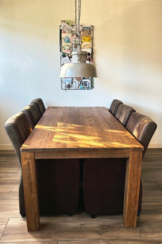 Teakhouten eethoek met 6 stoelen, Ophalen, Gebruikt, Teakhout, 50 tot 100 cm
