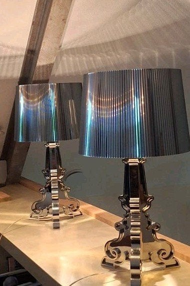 Set van 2 Kartell Bourgie Tafellampen - Zilver, Huis en Inrichting, Ophalen, Kunststof, E14 (klein), Zo goed als nieuw