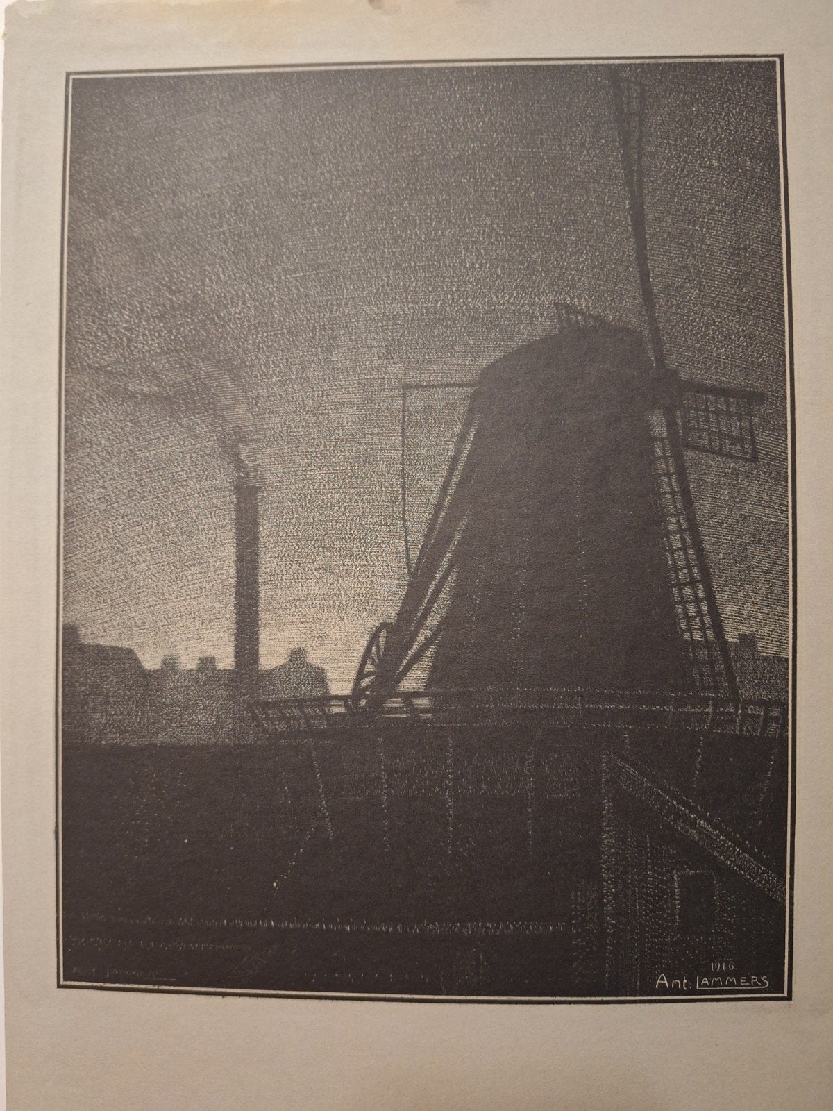 Lithografie molen Ant. Lammers 1916, Antiek en Kunst, Ophalen of Verzenden, Landschap, Origineel, Lithografie