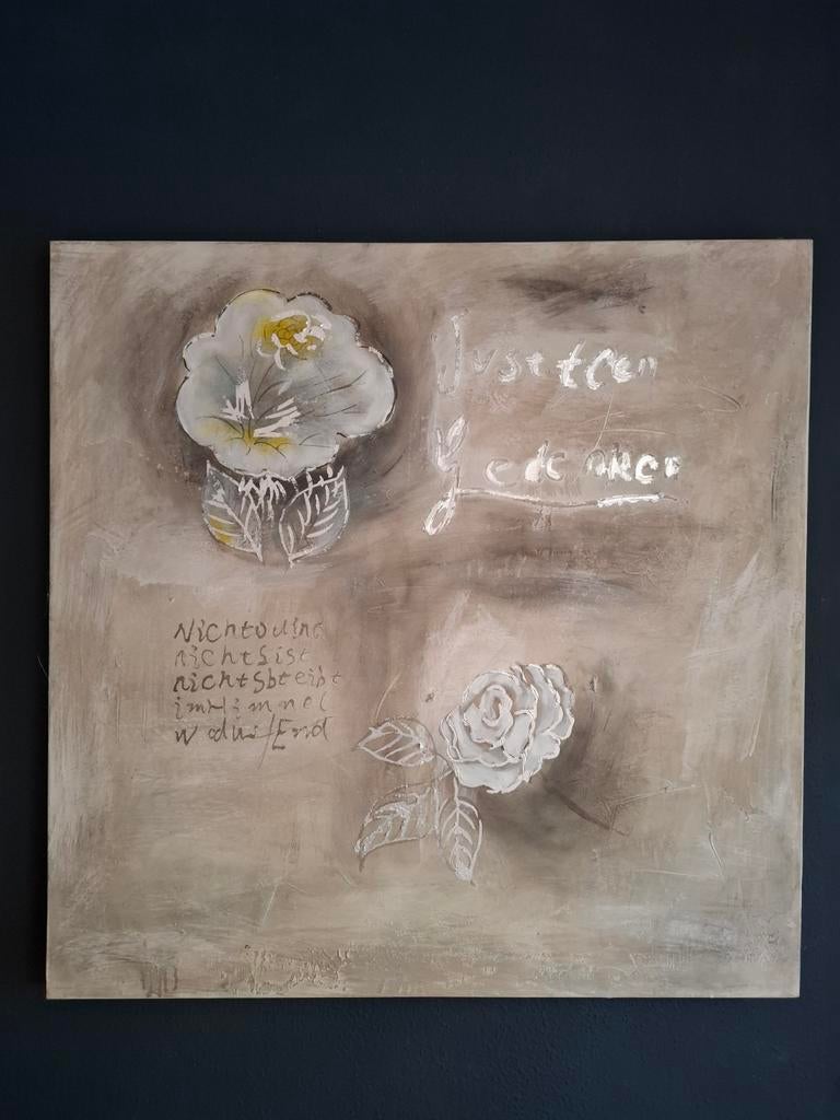 Schilderij met bloemen en tekst, Antiek en Kunst, Kunst | Schilderijen | Klassiek, Ophalen of Verzenden