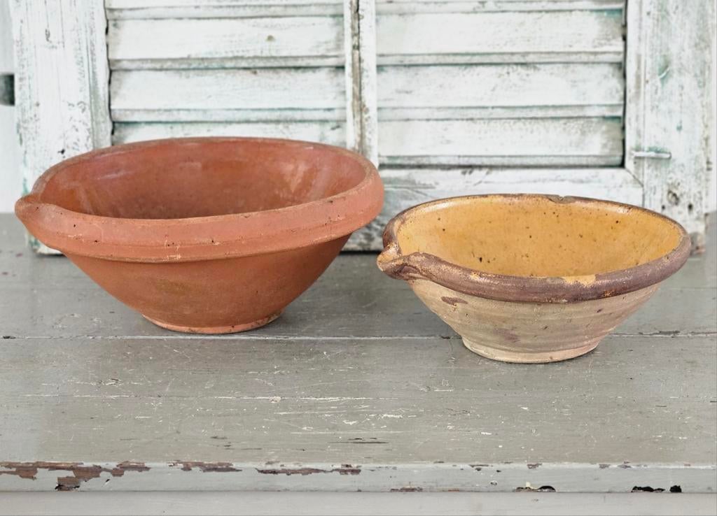 Franse aardewerken afroomschalen in geel en terracotta, Ophalen of Verzenden