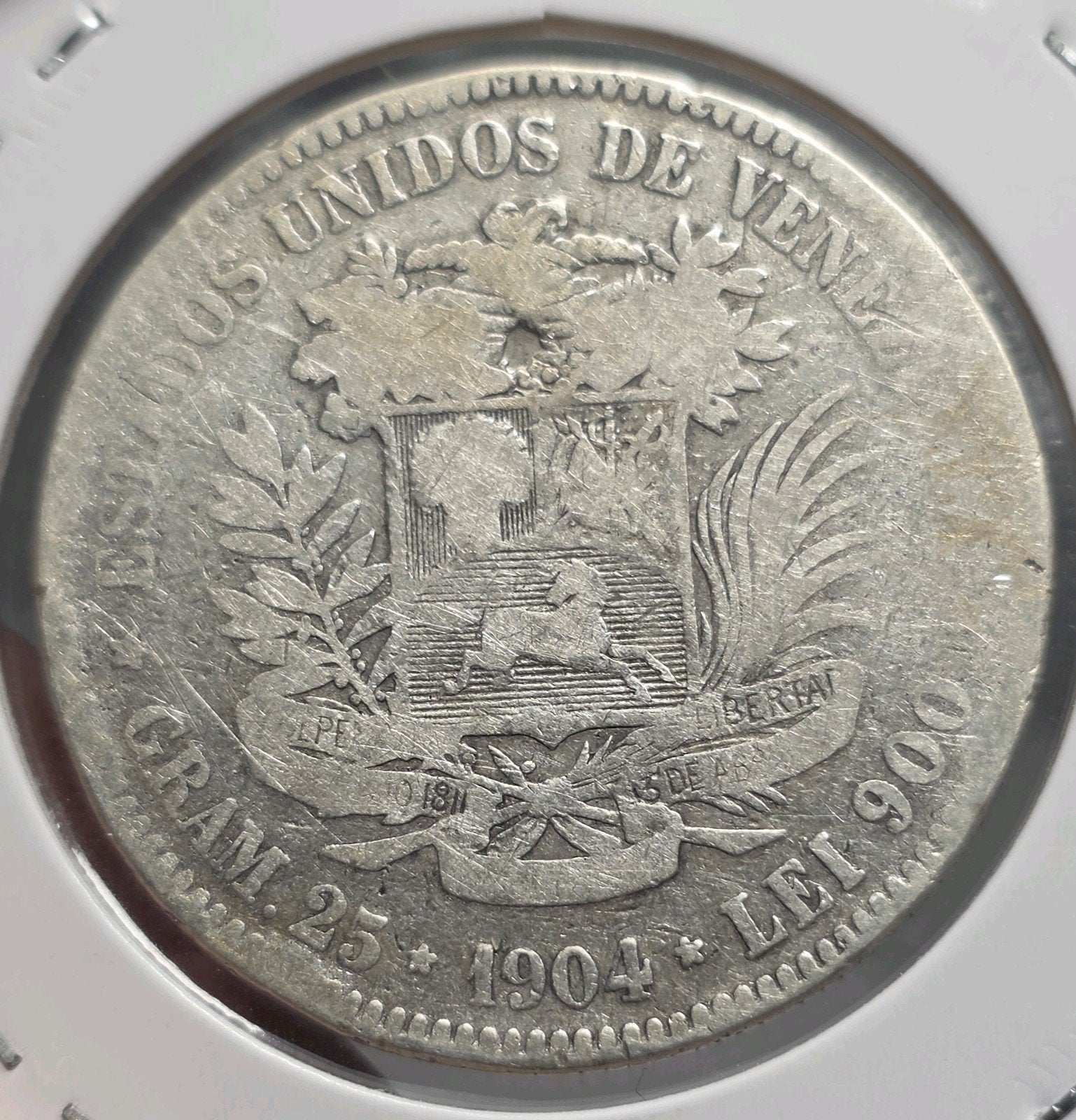 5 Bolivares 1904 Venezuela, Verzenden, Zuid-Amerika, Losse munt, Zilver