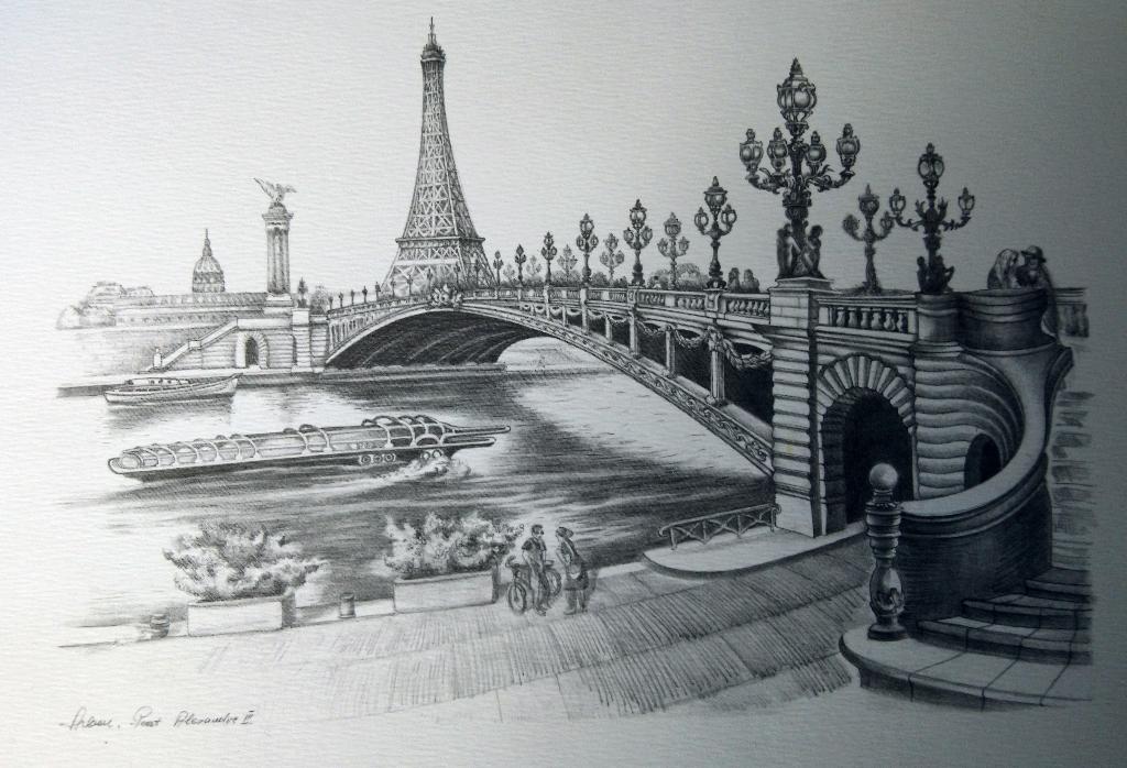 Pentekening van de 'Brug van Alexandre III' in Parijs., Antiek en Kunst, Kunst | Tekeningen en Foto's, Ophalen of Verzenden