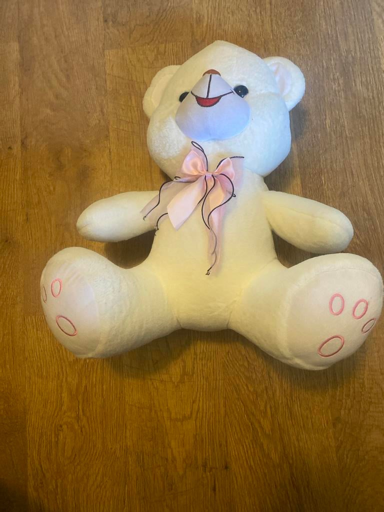 Grote witte teddybeer met roze strik, Ophalen of Verzenden, Zo goed als nieuw