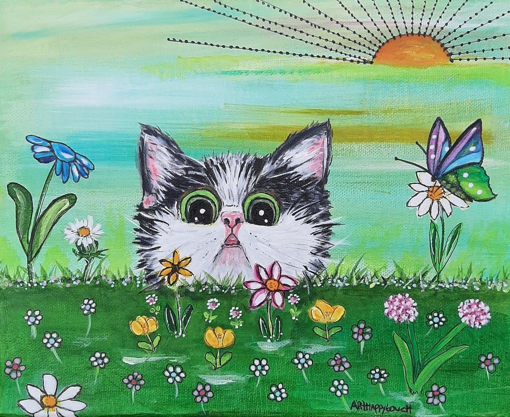 Schilderij poesje in de wei in vrolijk acryl op canvas, Antiek en Kunst, Ophalen of Verzenden