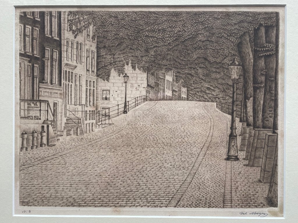 Grote ets De straat te Amsterdam van Sal Meijer, Ets, Stadsgezicht, Ophalen of Verzenden, Gesigneerd