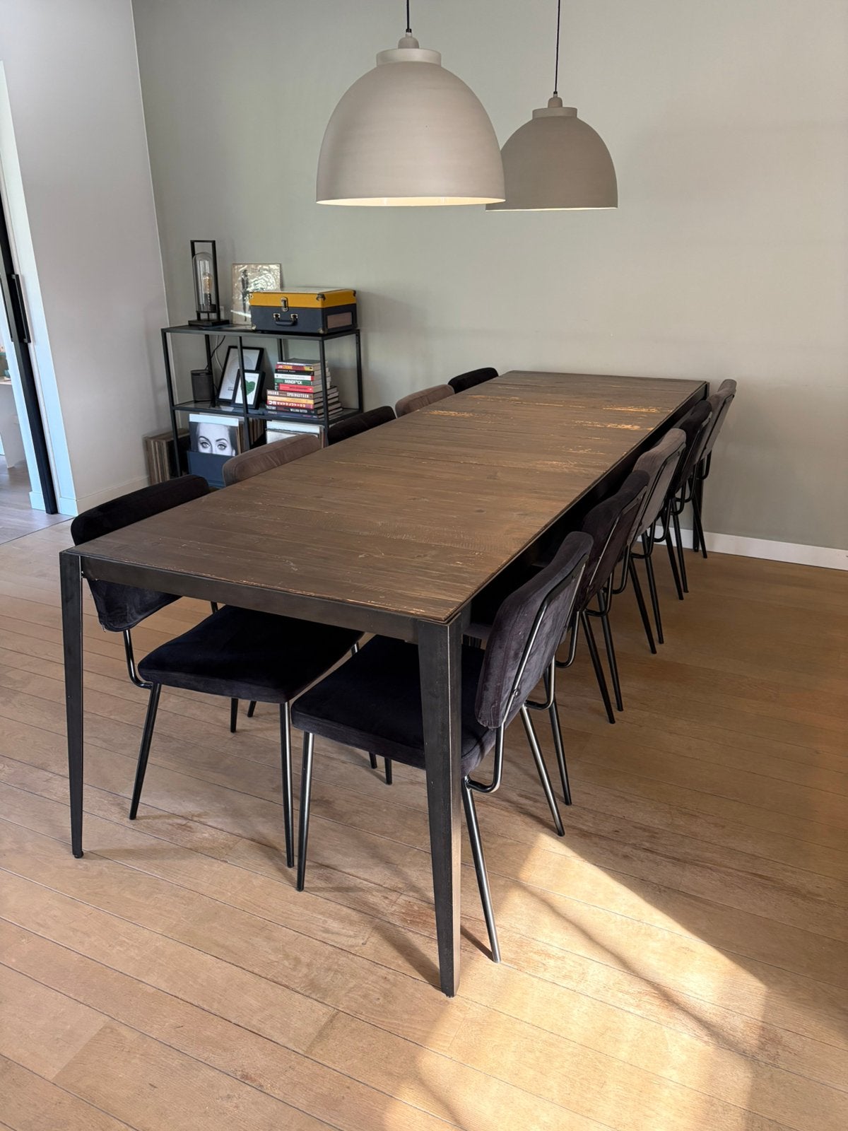 Industriele eettafel 270 cm, Huis en Inrichting, Ophalen, Grenenhout, Gebruikt, 200 cm of meer