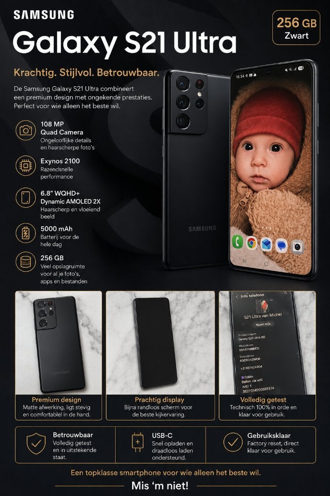 Samsung 21 ultra 256 GB zwart, Ophalen, Zwart, Touchscreen, Zo goed als nieuw