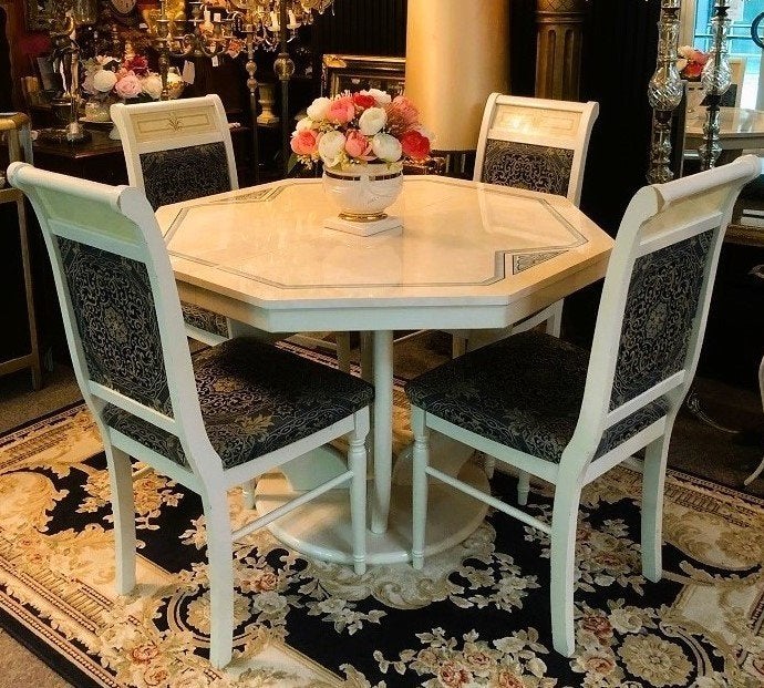Eettafel + 4 stoelen Italiaanse klassiek crème, barok blauw