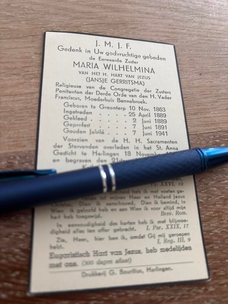 Gerritsma Jansje 1863 Greonterop 1941 Harling zr Wilhelmina, Ophalen of Verzenden, Bidprentje