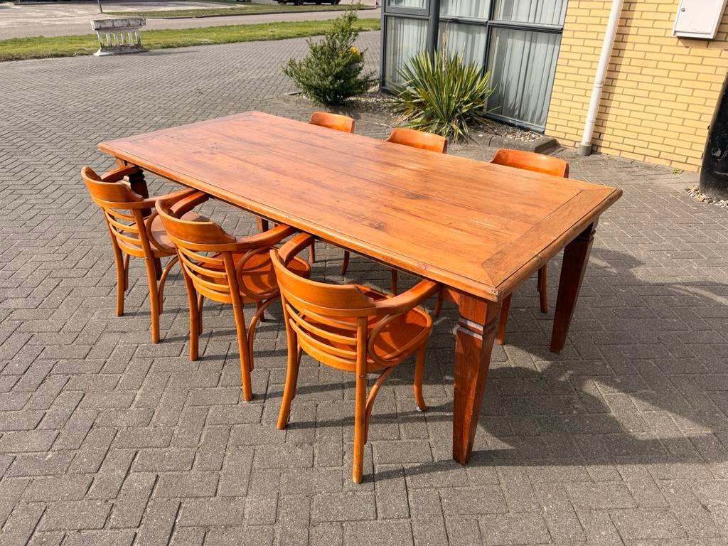 Massief tafel houten stamtafel 220x100 eettafel, Gebruikt, Cafe bar kroeg toog mancave retro vintage koloniaal klassiek, 200 cm of meer