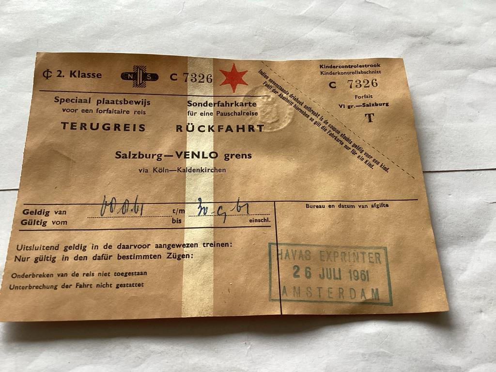 Oude Treinkaart Salzburg-Venlo 1961, Ophalen of Verzenden, Gebruikt, Trein, Kaart of Prent