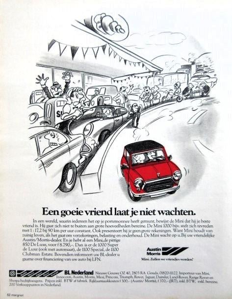3 vintage advertenties Austin Mini autos 80-81 auto Morris, Ophalen of Verzenden, Gebruikt, Auto's
