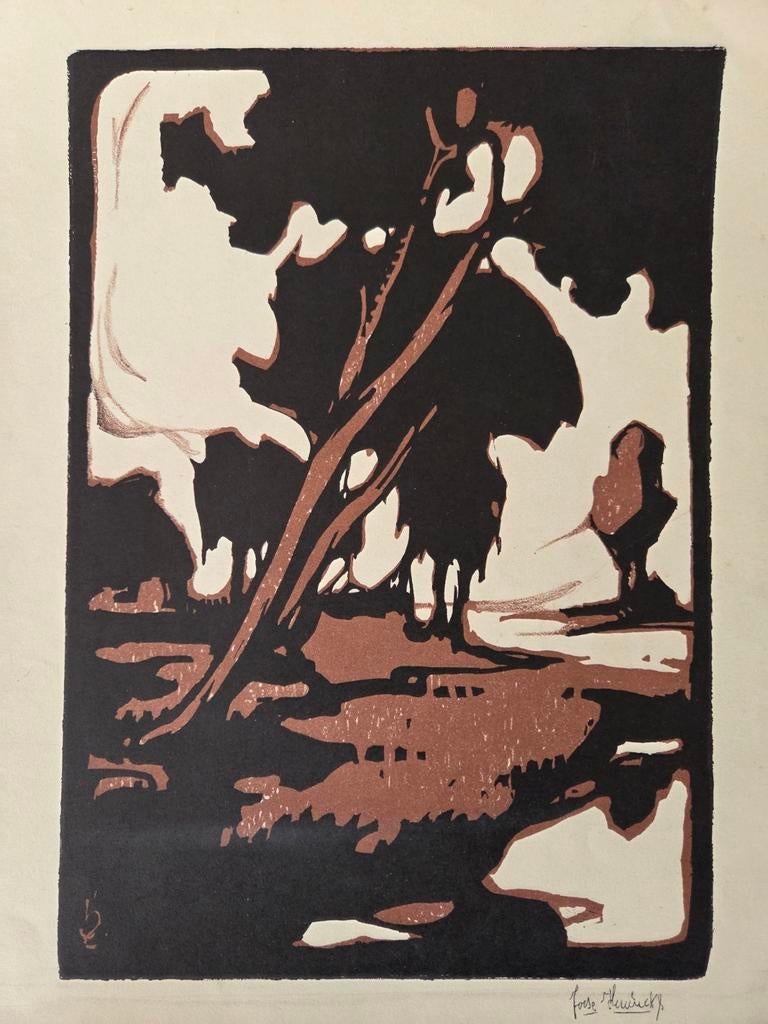 Houtdruk. Bosgezicht. Gesigneerd. Jaren dertig., Antiek en Kunst, Kunst | Etsen en Gravures, Ophalen of Verzenden