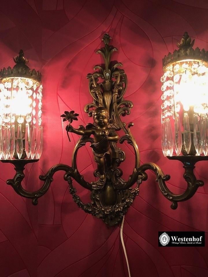 Grote Franse wandlamp antiek  - cupido brons met kristal, Huis en Inrichting, Ophalen of Verzenden, Gebruikt, Overige materialen