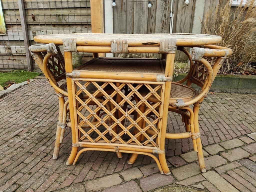Vintage Rotan Balkonset - Tafel en Stoelen, Tuin en Terras, Ophalen, Gebruikt, Rond, Wicker